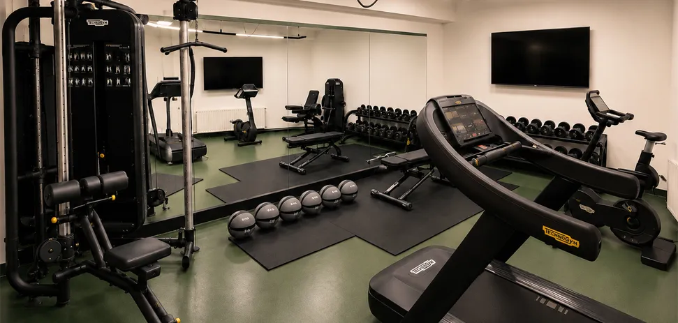 Salle de fitness de l'Hotel Royal Menaggio avec équipements cardio et musculation Technogym